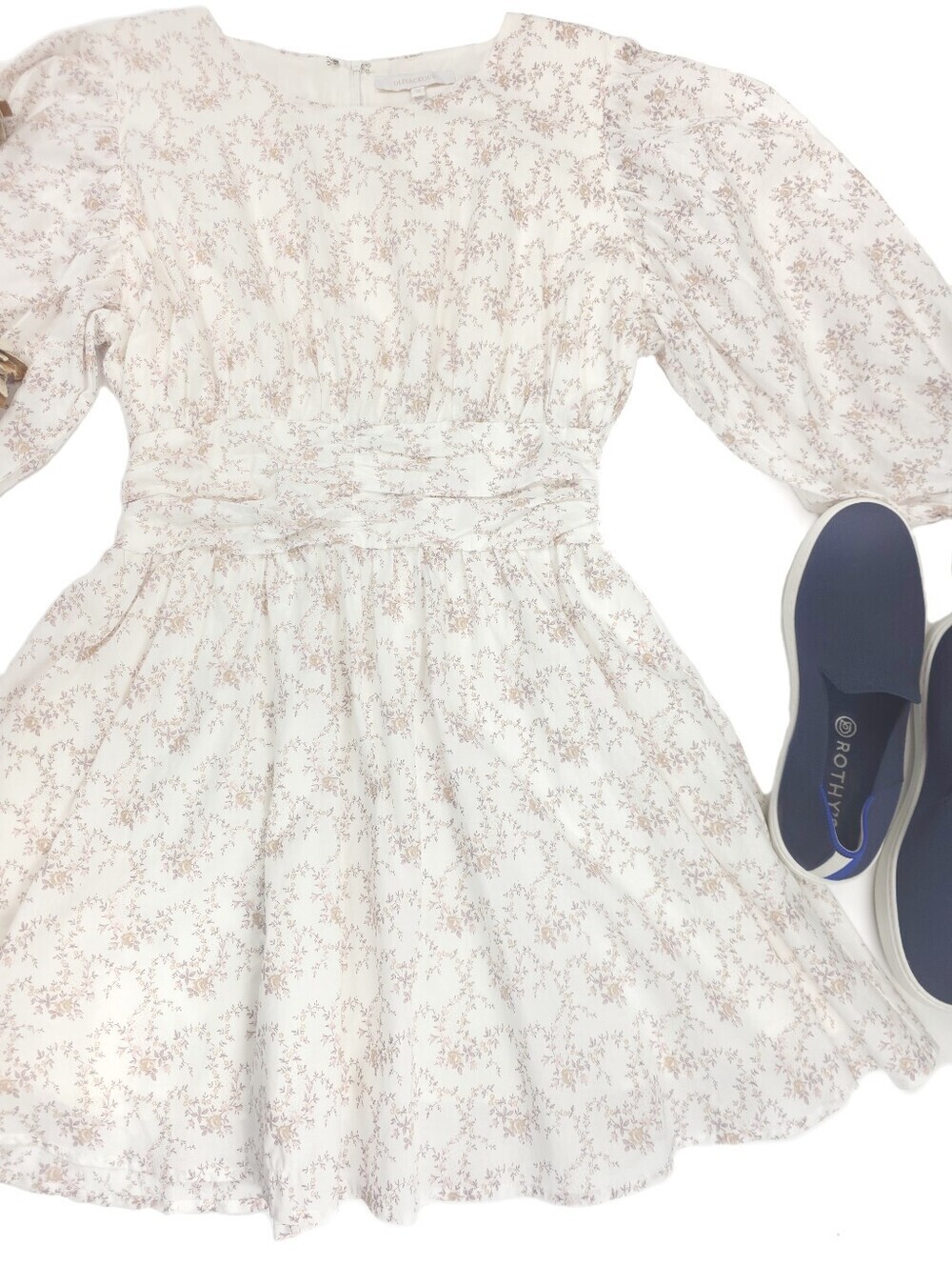 Olivacous White Floral Puff-Sleeve Dress Sz M - Picture 2 of 13